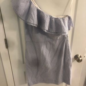 Jcrew seersucker one shoulder ruffle dress